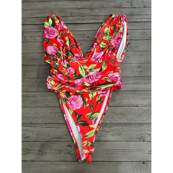 ZARA Deep V Neck Plunge Red Multi Floral Tropical Bodysuit Size Small - Picture 1 of 4